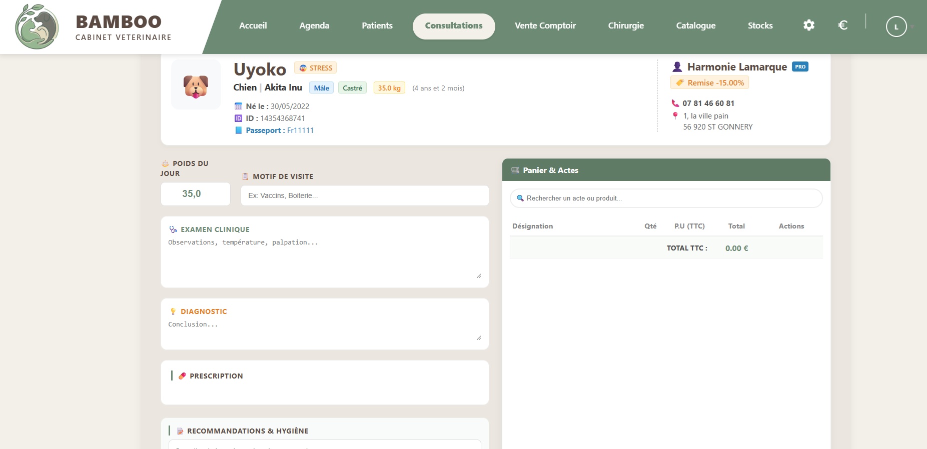 Interface du logiciel Bamboo Vet