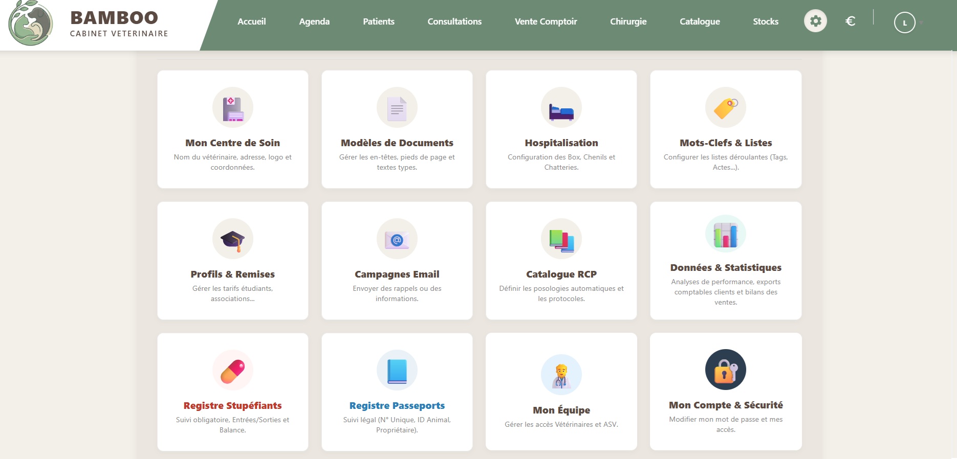 Paramètres et outils de gestion Bamboo Vet